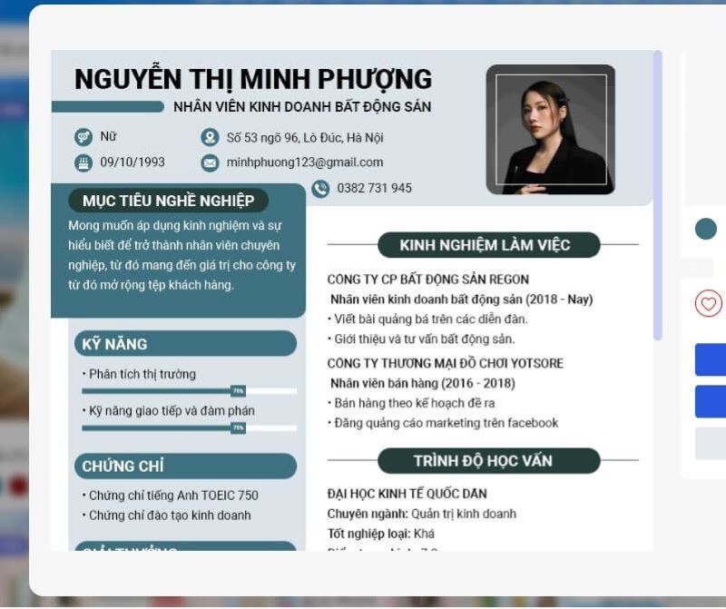 Mẫu cv nhân viên sale bất động sản